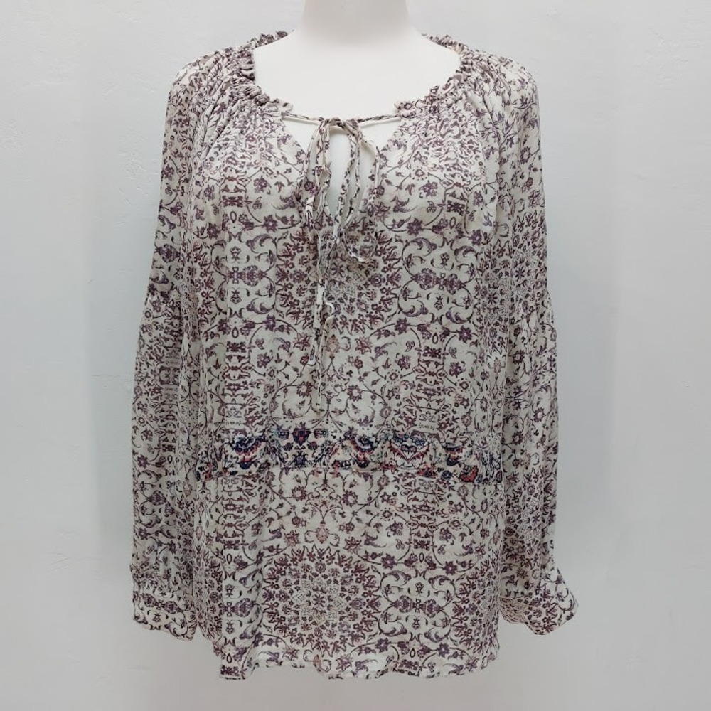 L'AGENCE Silk Blouse Women's Medium Purple Cream Paisley Tie Neck Romantic Boho